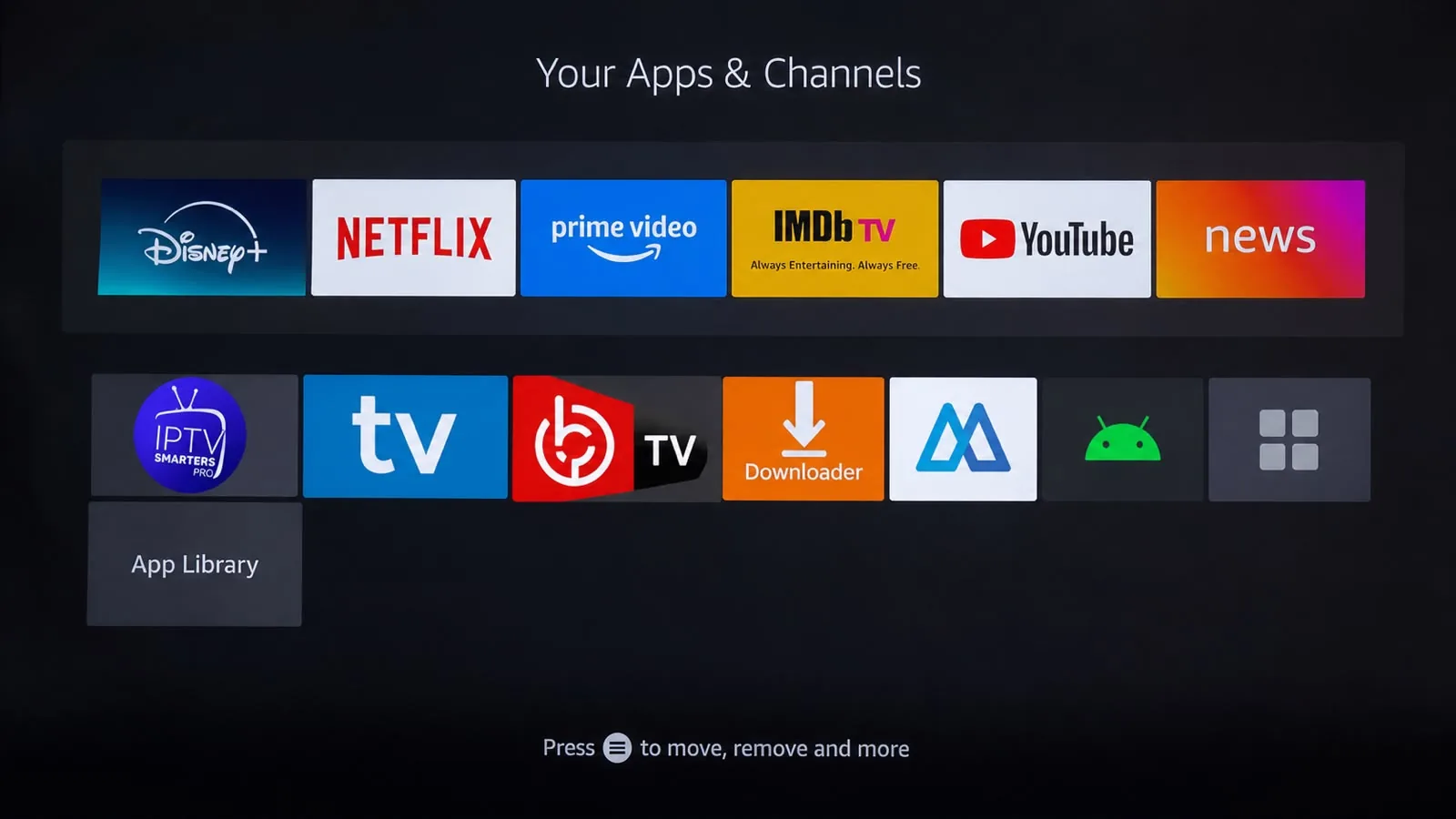 Fire TV Apps and Channels screen showing Downloader and an IPTV player