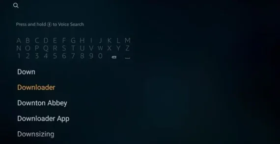 Fire TV search results showing the Downloader app