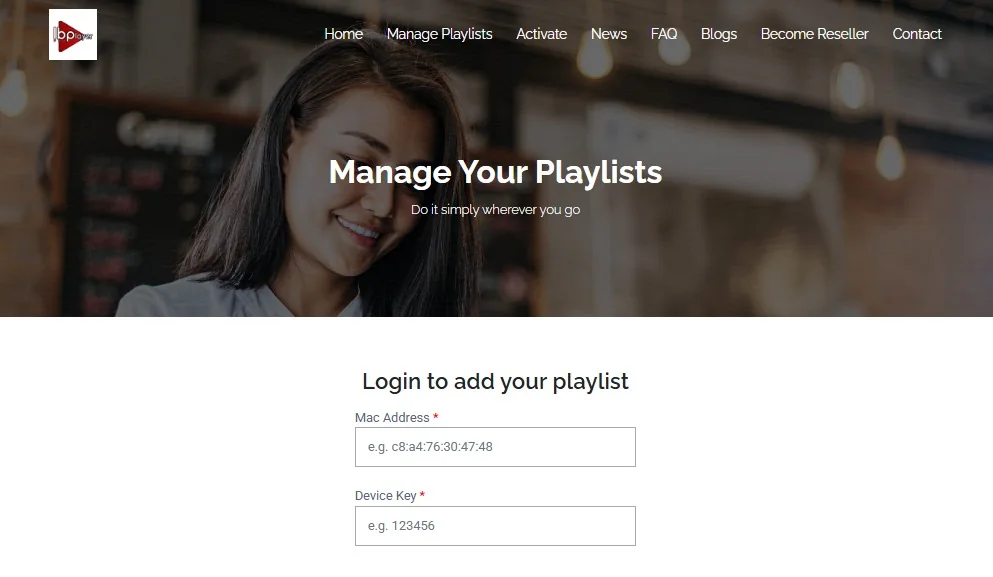 IBO Pro playlist management login page with MAC Address and Device Key fields