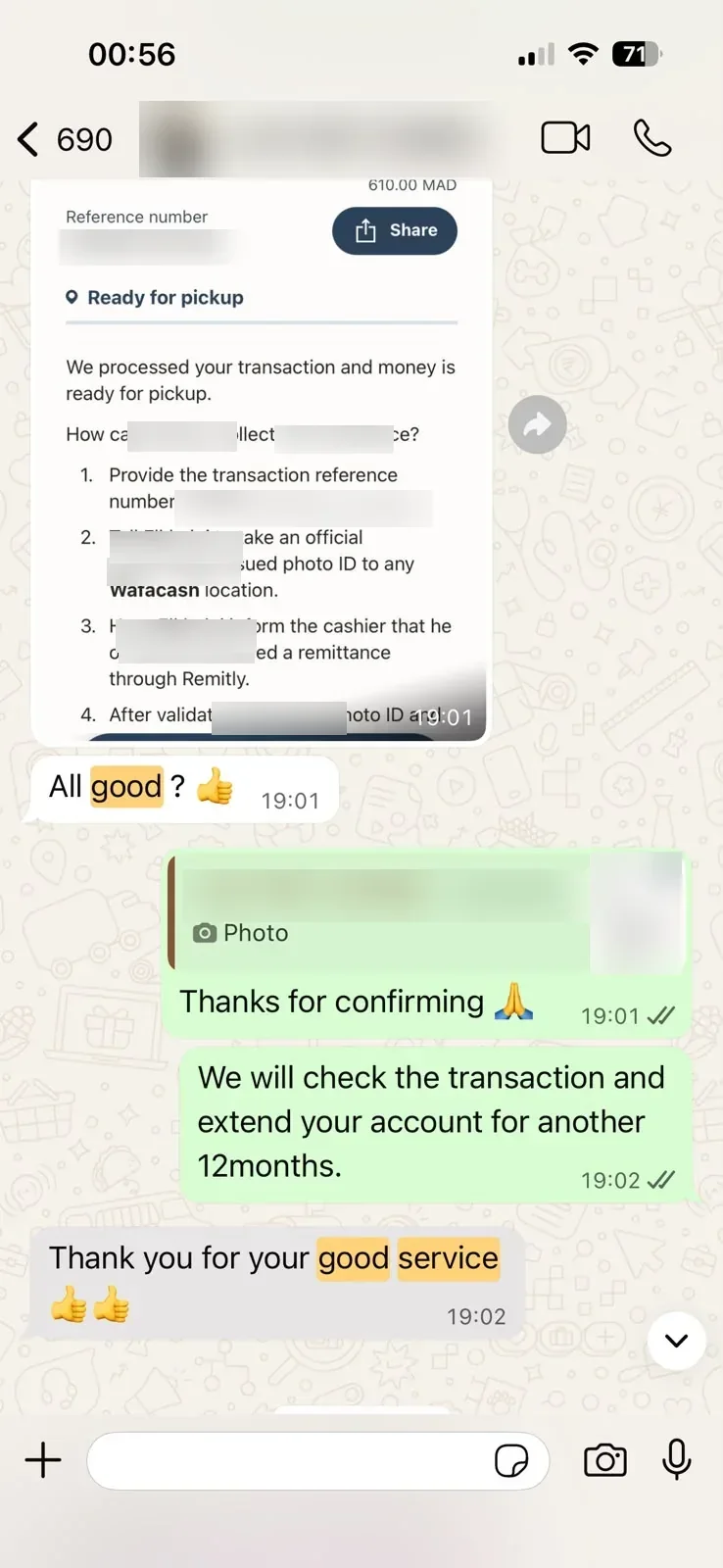 Anonymized WhatsApp customer feedback saying good service after a 12-month subscription update.