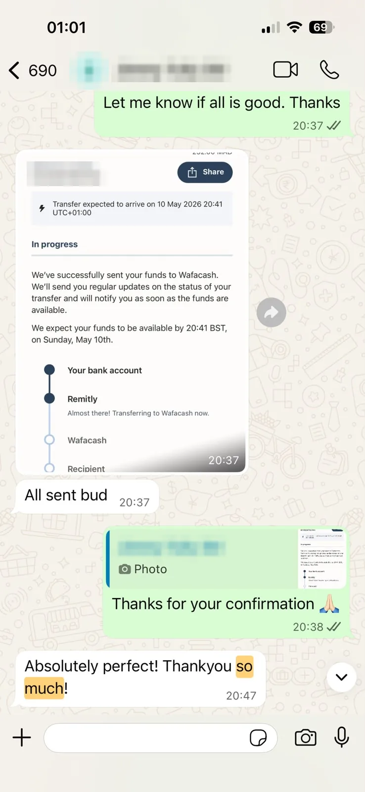 Anonymized WhatsApp customer feedback saying absolutely perfect and thanking Teleget after confirmation.